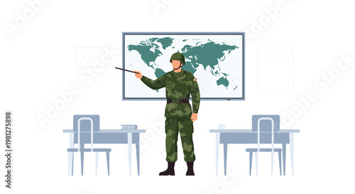 A military instructor dressed in a green camouflage uniform stands in a modern classroom pointing a stick at a large world map displayed on a screen clearly.