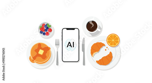 A smartphone displaying a digital brain icon sits amidst a delicious breakfast of pancakes with syrup, fresh berries, hot coffee, and a flaky croissant.