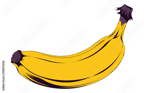 Detailed flat style vector illustration of a ripe tropical banana fruit showing vibrant yellow skin texture and dark stem tips rendered with clean artistic strokes for culinary branding projects or he