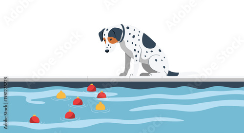 A curious spotted Dalmatian dog sits patiently on a grey ledge while observing vibrant red and yellow holiday ornaments floating in the blue water.