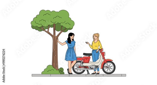Two stylish young women engage in a friendly conversation while standing next to a classic red moped parked beside a large leafy green deciduous tree.