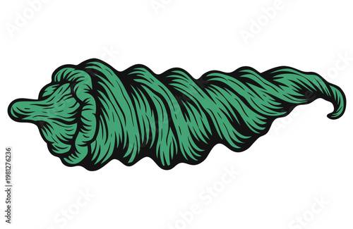 A stylized vector illustration featuring an intricate, flowing mass of dark green strands, resembling swirling hair or a dynamic wave, meticulously designed with bold outlines and detailed textures, p