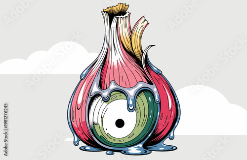 Stylized vector illustration of a surreal garlic clove bulb featuring a singular expressive green eye melting into liquid dripping down the organic textured surface creating a unique visual art piece 