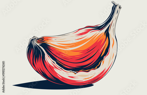Vibrant artistic vector illustration depicting a single organic garlic clove rendered with bold flat color blocks and sharp stylized linework to emphasize culinary freshness while maintaining a clean 