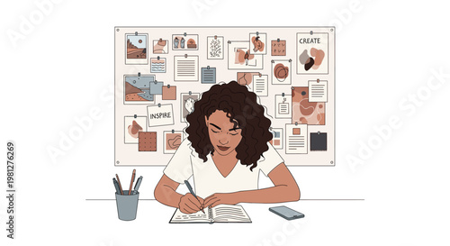 A focused creative professional with voluminous curly hair meticulously writes in her journal at a desk positioned before a large aesthetic mood board.