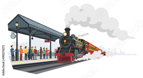 A majestic black steam engine billows thick grey smoke while passing a covered station platform where a group of diverse travelers stands watching.