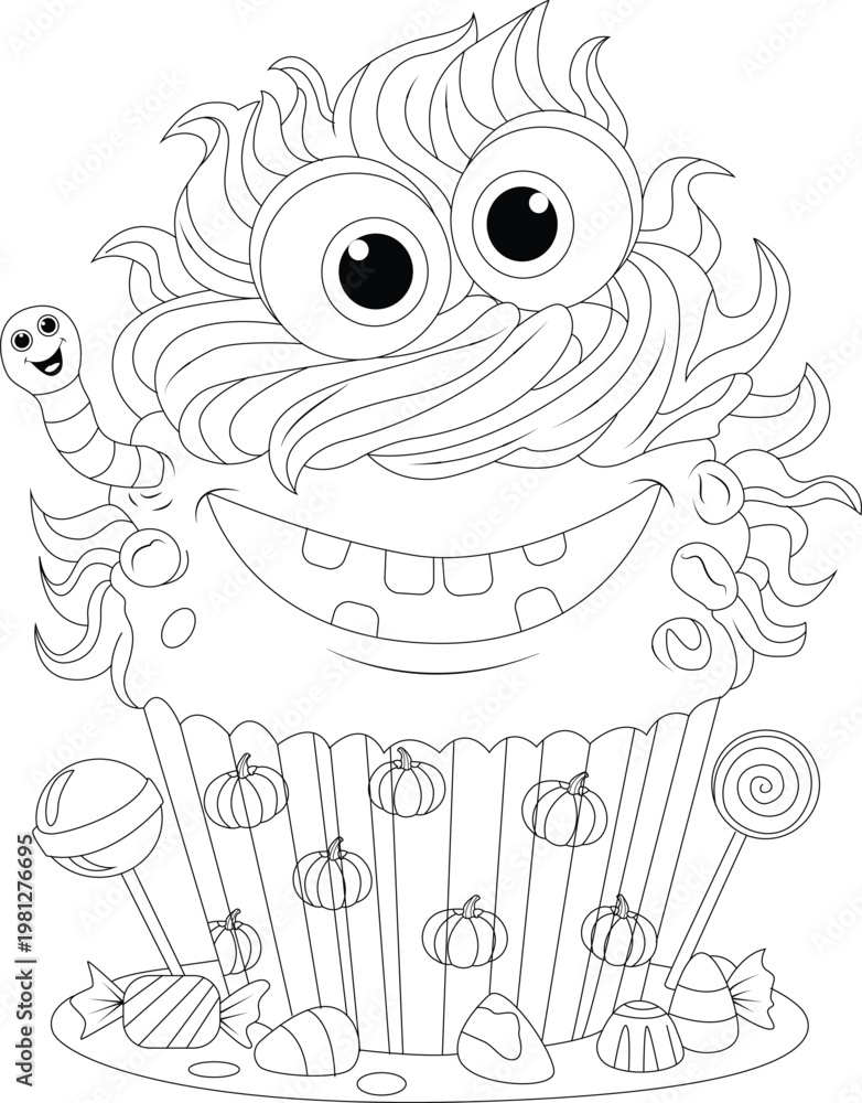 Fototapeta premium Cute Halloween Cupcake with Skull Decoration Coloring Page for Kids