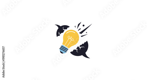 Creative concept represented by an illuminating lightbulb and breaking dark elements