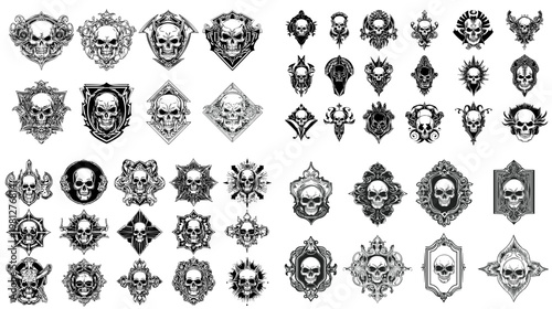 Ornamental skull badge and emblem set with gothic frames decorative crests and vintage style symbols for branding logos posters and halloween design