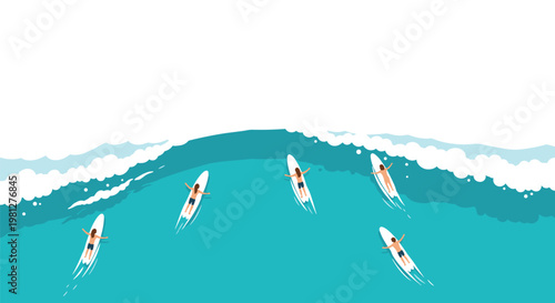 Five adventurous surfers on white boards ride across the face of a massive turquoise ocean wave featuring frothy white foam and sea spray from an aerial view.