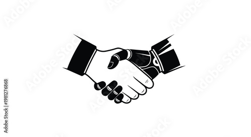 A striking black and white graphic illustration depicts a firm handshake between a human hand and a sophisticated mechanical robotic hand on white.