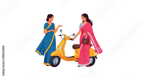 Two elegant Indian women dressed in traditional vibrant blue and pink saris engage in conversation beside a stylish yellow motor scooter on a white background.