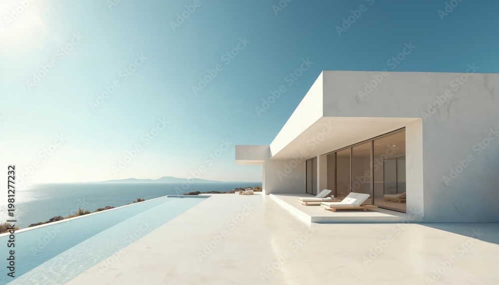 Obraz premium Modern white villa with infinity pool overlooks ocean. Minimalist architecture, clean lines, sunlit terrace, sun loungers, clear blue sky, tranquil seaside view. Elegant luxury resort living, summer
