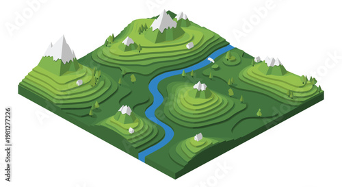 A meticulous isometric landscape illustration features lush green terraced hillsides and a winding blue river flowing past quaint white cottages and peaks.
