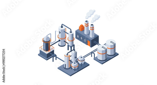 A complex isometric industrial refinery facility features white storage tanks, tall distillation towers, and grey factory buildings with smoke rising from tall chimneys.