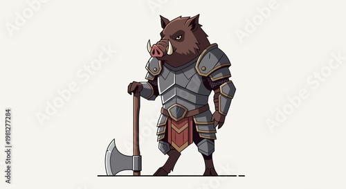 Boar warrior in metal armor standing.