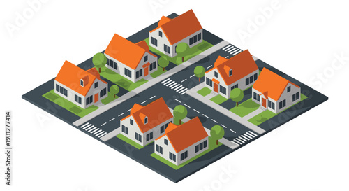 A clean isometric neighborhood scene showcases several white houses with vibrant orange roofs situated along a dark asphalt road featuring white pedestrian crosswalks.