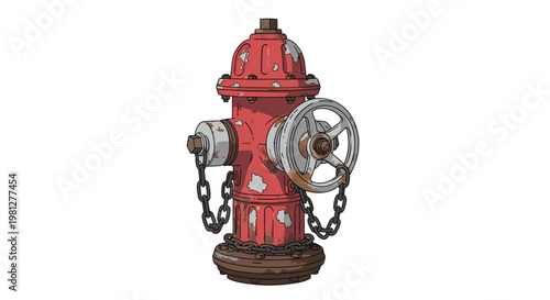 An aged red fire hydrant featuring a prominent side-mounted wheel valve and dark hanging chains is positioned against a clean white studio background.