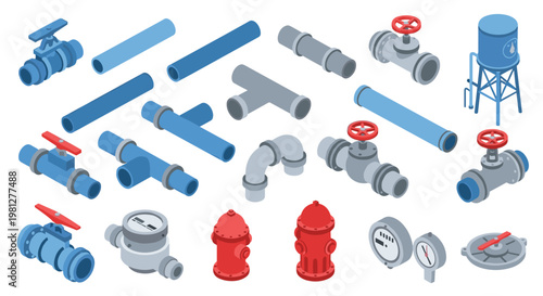 A comprehensive collection of isometric industrial plumbing components includes blue pipes, red valves, and a water tower against a pristine white background.
