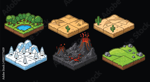 Detailed isometric pixel art terrain blocks feature a dramatic volcanic landscape with glowing lava and a peaceful forest pond against a dark black background.