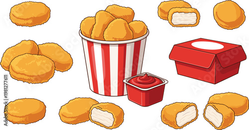Chicken Nuggets Fast Food Set with Bucket Sauce Box and Crispy Pieces Illustration Collection for Restaurant Menu and Snack Design