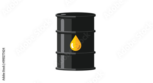 A modern flat design illustration of a black petroleum barrel with a bright yellow oil drop icon sits against a neutral white studio backdrop.