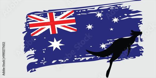 Australian flag with kangaroo silhouette on abstract brush stroke background