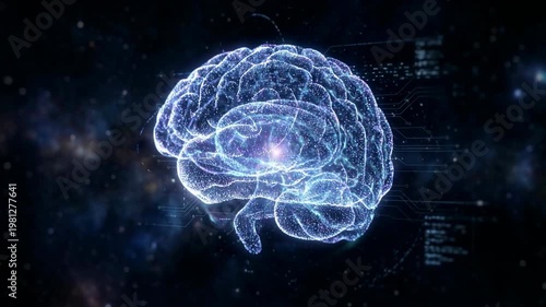 Ai Brain Glowing Particles Rotating Slowly In Dark Space. A Rotating Particle Structure, Brain Silhouette, And Dark Contrast Shape The Artificial Intelligence Visual