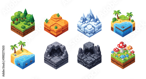 Meticulous isometric pixel art landscape tiles showcase diverse biomes including snowy mountains and vibrant mushroom forests against a pristine white background.
