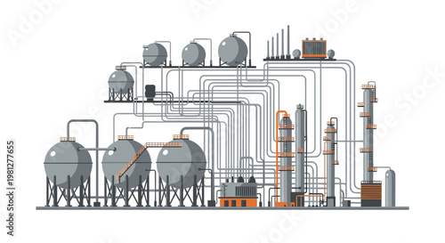 Meticulous industrial refinery complex showcasing massive gray spherical storage tanks and tall distillation towers interconnected by a dense network of pipes and orange details.
