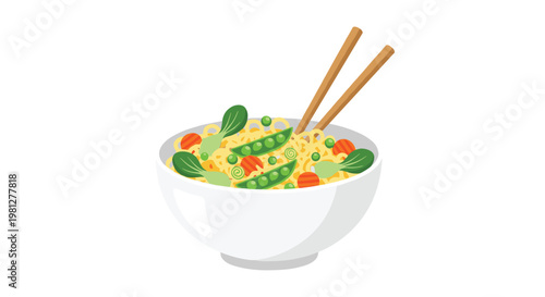 Vibrant white ceramic bowl overflowing with steaming yellow ramen noodles garnished with fresh green snap peas and crisp orange carrot slices under bright even lighting.