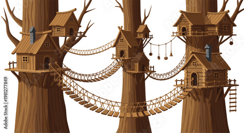 Meticulous wooden treehouse village featuring multiple rustic cabins connected by intricate rope suspension bridges nestled among massive brown trunks on a clean white backdrop.