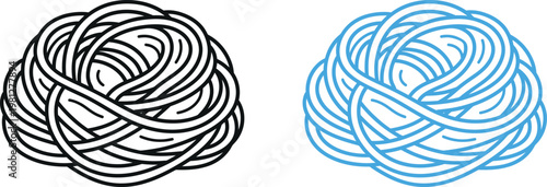 Two yarn balls a black and white sketch alongside a colored illustration