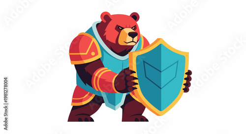 Cartoon bear in armor holding shield.
