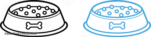 Simple line drawing of two pet food bowls one solid black and one with blue outline