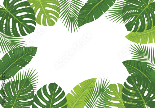 A lush tropical border composed of various green palm and monstera leaves.