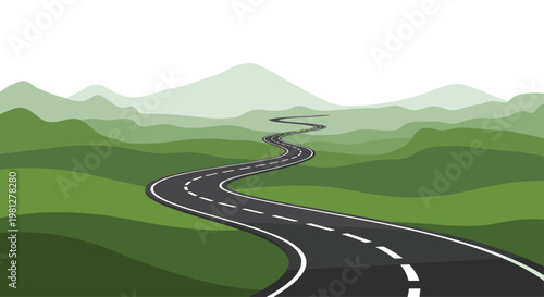 A long winding asphalt road with white dashed lines curves gracefully through rolling green hills under a bright white sky in a minimalist illustration.