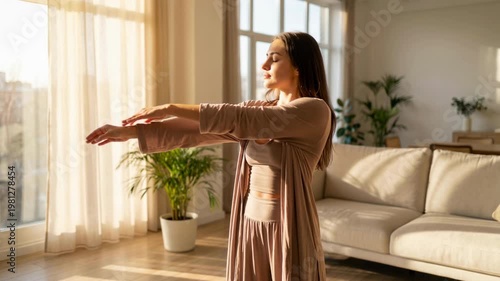 Athletic Young Woman Stretching Her Shoulders And Upper Body After Workout. Body Alignment, Indoor Light, And Recovery Movement Shape The Stretch