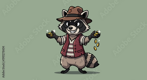 Cartoon raccoon wearing a hat.