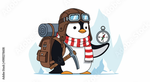 Cartoon penguin with hiking gear outdoors.