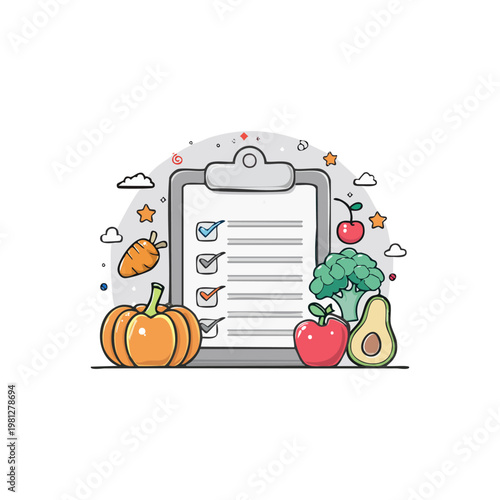 Healthy eating checklist with fresh vegetables and fruits, planning meals for a nutritious lifestyle