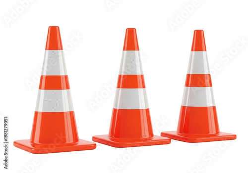 Three orange traffic cones with reflective stripes on transparent background