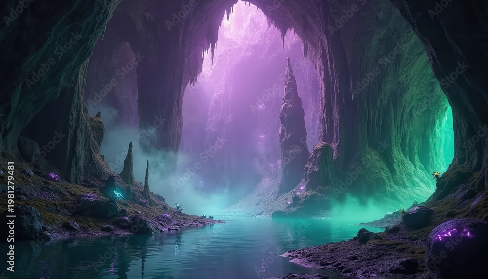 Fototapeta premium Mystical cave with purple and green fog and glowing crystals. Water reflects strange light and formations. Explore deep underground fantasy world with mysterious atmosphere and ethereal glow.