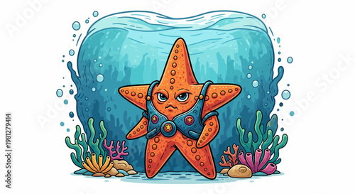 Cartoon starfish with angry expression face.