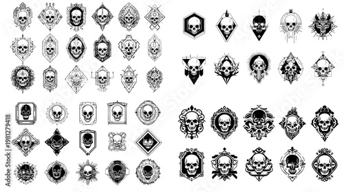 Decorative skull badge and emblem collection with ornate gothic frames vintage crests and tattoo style symbols for labels logos stickers and dark design projects