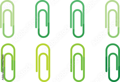 Green Paper Clip Icon Set with Minimal Office Supply Symbols in Different Styles for Business, Stationery, Document Management, and Web Design Use