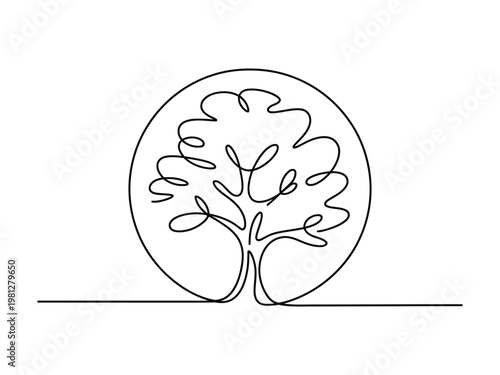 Abstract minimalist single line art drawing of a stylized tree with a circular canopy enclosed within a circle symbolizing nature and growth