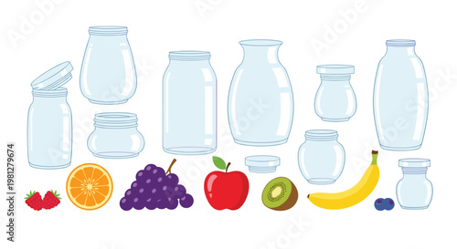 An assortment of transparent glass storage jars and elegant vases stands beside vibrant fresh fruits including grapes, apples, bananas, and sliced oranges on white.
