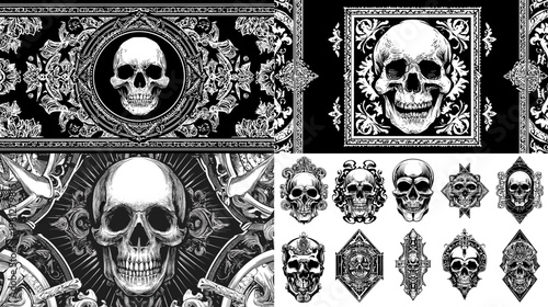 Ornate skull illustration collection with decorative vintage frames floral patterns and gothic emblem elements for tattoo art poster design and dark branding