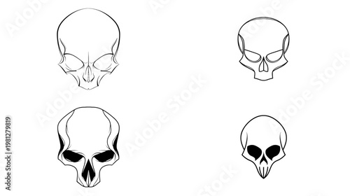 Skull outline icon set with hand drawn contour styles featuring simple anatomical head symbols for tattoo design halloween graphics and dark themed branding